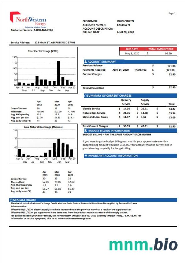USA NorthWestern Energy rachunek za media szablon w formacie Word i PDF, Wersja 1